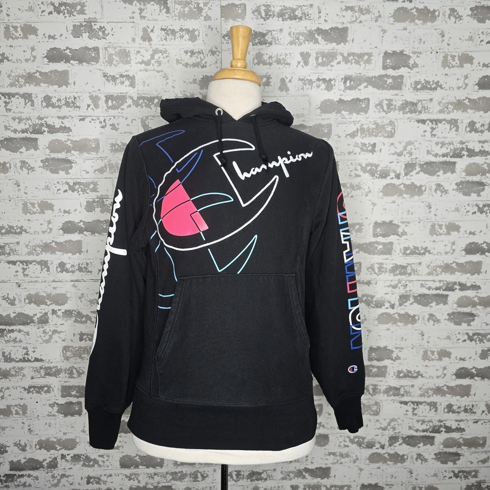 Champion Reverse Weave Hoodie Mens Sz S Black Spellout Colorful Logo Heavyweight